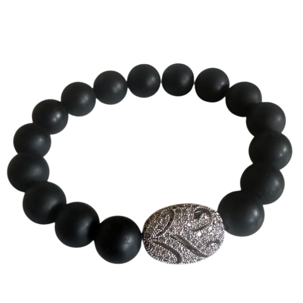 Matte Black Onyx Beaded Bracelet | 10mm | Silver Pavé Spacer | Stretch Fit